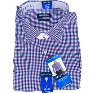 Nautica Mens Large 16-16.5 32/33 Purple Performance Slim Fit Dress Button Shirt